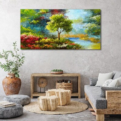 Tableau imprimé sur toile Paysage de printemps avec un arbre et des fleurs
