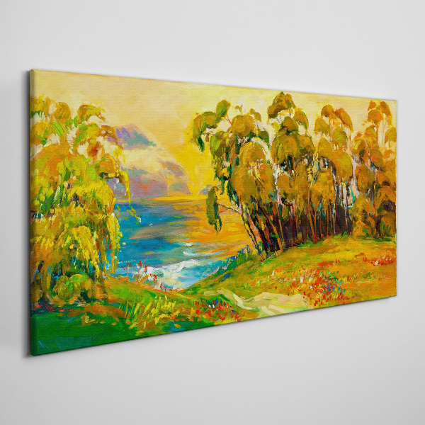 Tableau sur toile Des arbres dorés sur la mer bleue