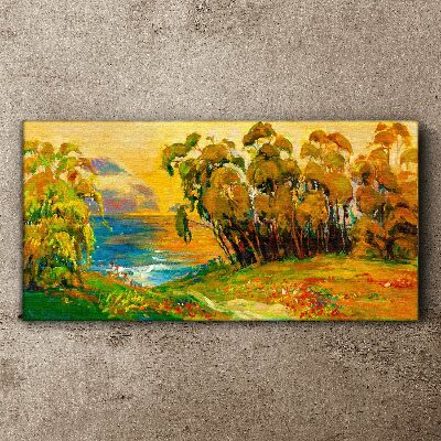 Tableau sur toile Des arbres dorés sur la mer bleue