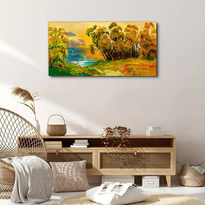 Tableau sur toile Des arbres dorés sur la mer bleue