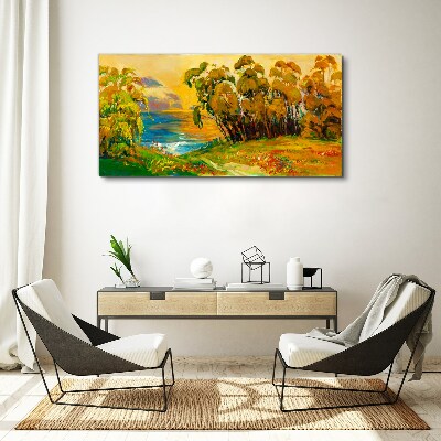Tableau sur toile Des arbres dorés sur la mer bleue