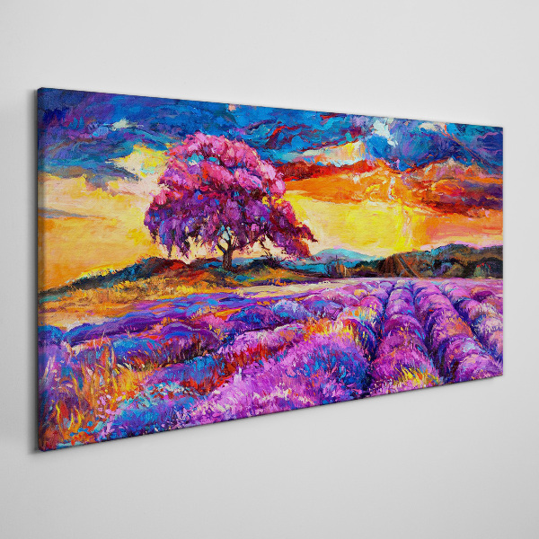 Tableau imprimé sur toile Champs de lavande violette au coucher du soleil