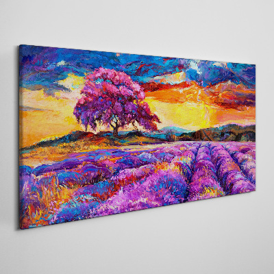 Tableau imprimé sur toile Champs de lavande violette au coucher du soleil