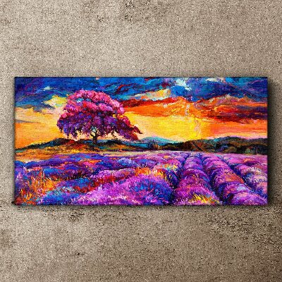 Tableau imprimé sur toile Champs de lavande violette au coucher du soleil