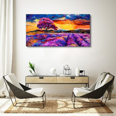 Tableau imprimé sur toile Champs de lavande violette au coucher du soleil