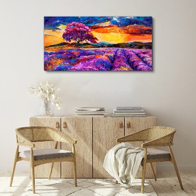Tableau imprimé sur toile Champs de lavande violette au coucher du soleil