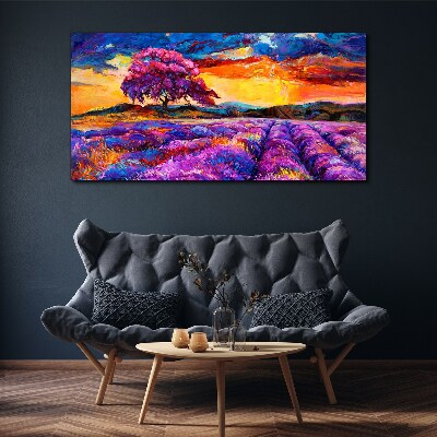 Tableau imprimé sur toile Champs de lavande violette au coucher du soleil