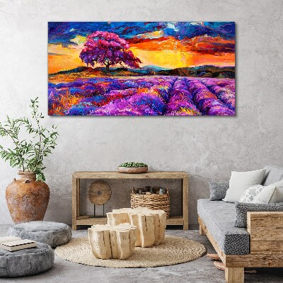 Tableau imprimé sur toile Champs de lavande violette au coucher du soleil