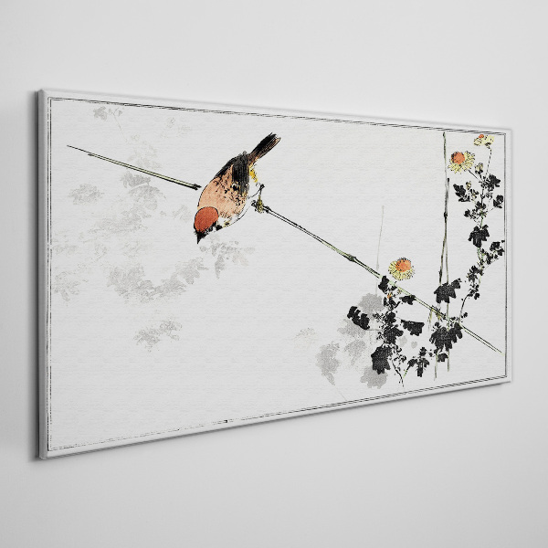 Tableau toile imprimée Un oiseau sur une branche avec des fleurs