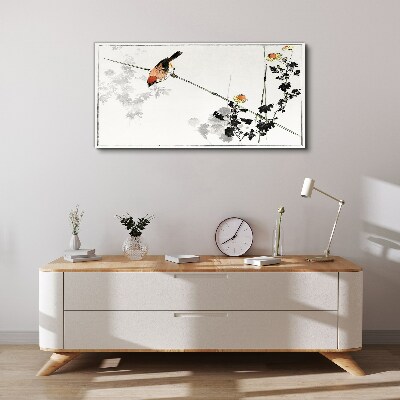 Tableau toile imprimée Un oiseau sur une branche avec des fleurs