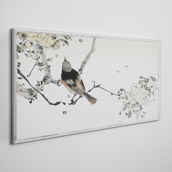 Tableau imprimé sur toile Un oiseau sur une branche aux couleurs délicates