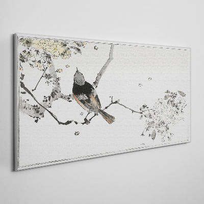Tableau imprimé sur toile Un oiseau sur une branche aux couleurs délicates