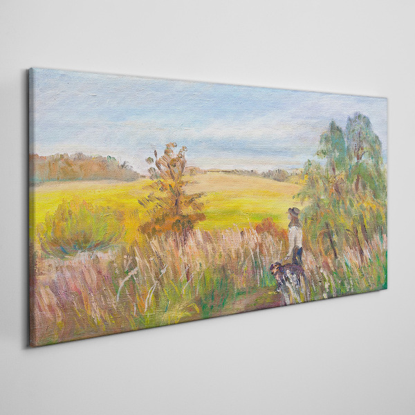 Tableau sur toile Paysage d'été avec une figure et un chien