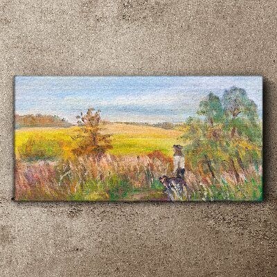 Tableau sur toile Paysage d'été avec une figure et un chien