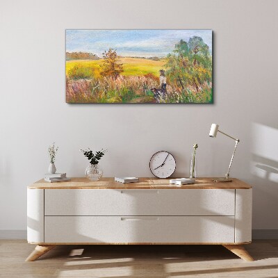Tableau sur toile Paysage d'été avec une figure et un chien