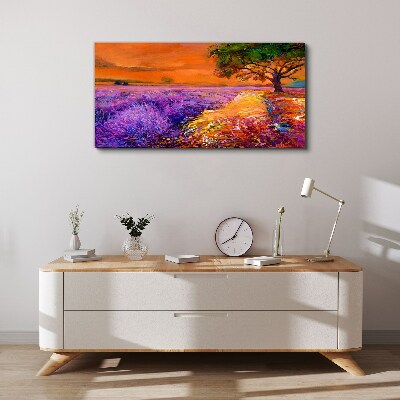 Tableau imprimé sur toile Champs de lavande au coucher du soleil