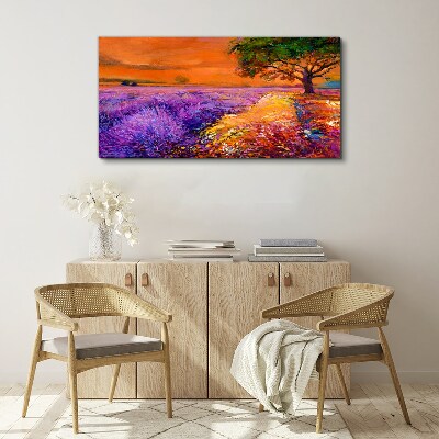 Tableau imprimé sur toile Champs de lavande au coucher du soleil