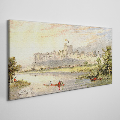 Tableau toile imprimée Un château au bord de la rivière aux couleurs pastel
