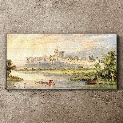 Tableau toile imprimée Un château au bord de la rivière aux couleurs pastel