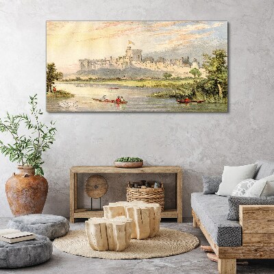 Tableau toile imprimée Un château au bord de la rivière aux couleurs pastel