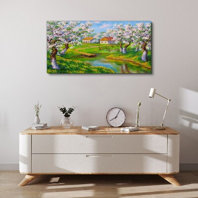 Tableau sur toile Paysage printanier avec des arbres en fleurs