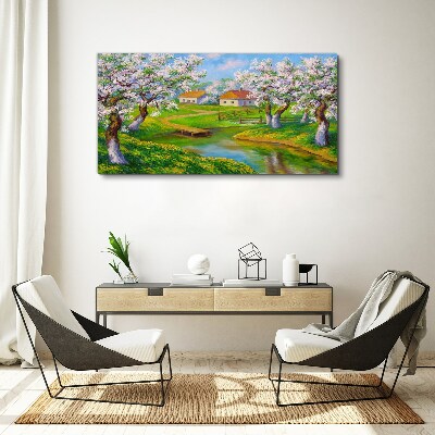 Tableau sur toile Paysage printanier avec des arbres en fleurs