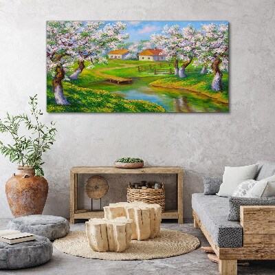 Tableau sur toile Paysage printanier avec des arbres en fleurs