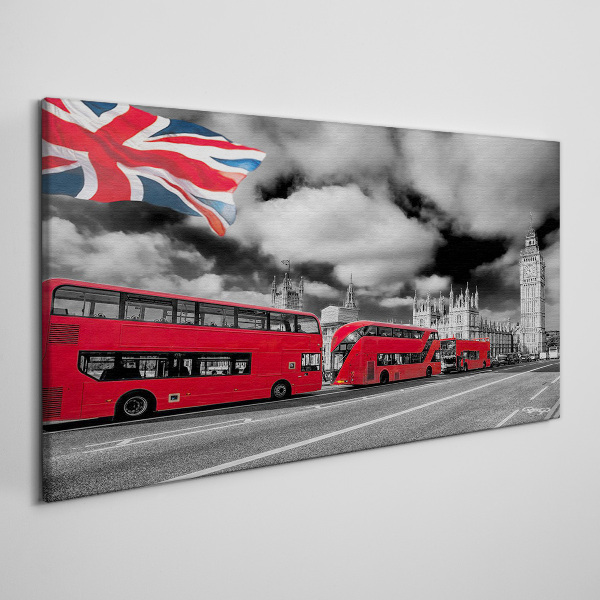 Tableau toile imprimée Bus londoniens rouges avec le drapeau britannique