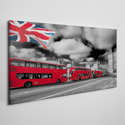 Tableau toile imprimée Bus londoniens rouges avec le drapeau britannique
