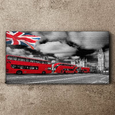 Tableau toile imprimée Bus londoniens rouges avec le drapeau britannique