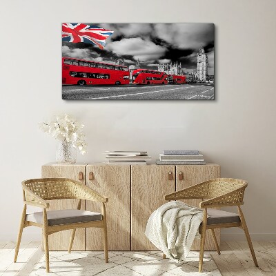 Tableau toile imprimée Bus londoniens rouges avec le drapeau britannique