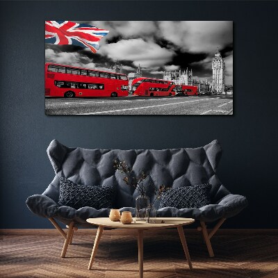 Tableau toile imprimée Bus londoniens rouges avec le drapeau britannique