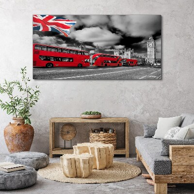 Tableau toile imprimée Bus londoniens rouges avec le drapeau britannique