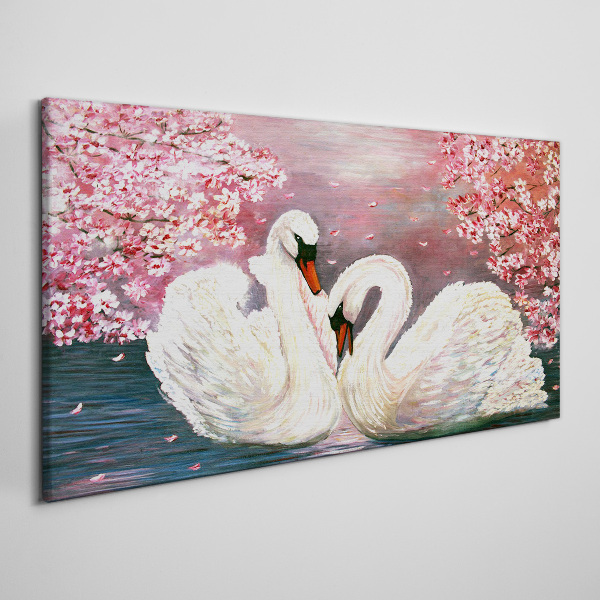 Tableau sur toile L'amour des cygnes dans un verger en fleurs