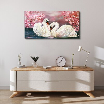 Tableau sur toile L'amour des cygnes dans un verger en fleurs