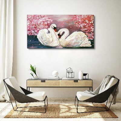 Tableau sur toile L'amour des cygnes dans un verger en fleurs