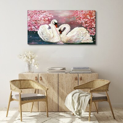 Tableau sur toile L'amour des cygnes dans un verger en fleurs