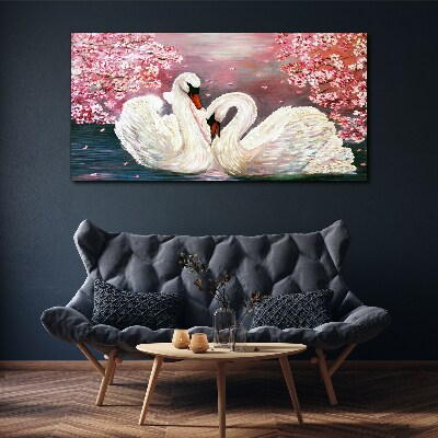 Tableau sur toile L'amour des cygnes dans un verger en fleurs