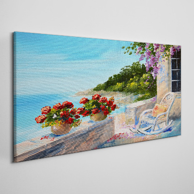 Tableau imprimé sur toile Fleurs et mer dans un paysage ensoleillé