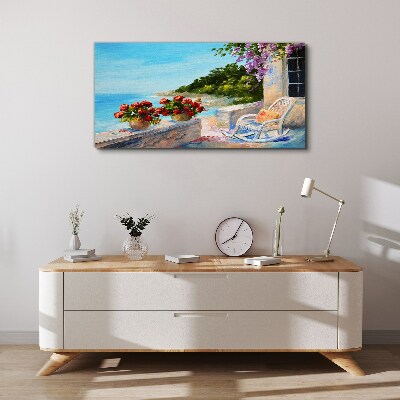 Tableau imprimé sur toile Fleurs et mer dans un paysage ensoleillé