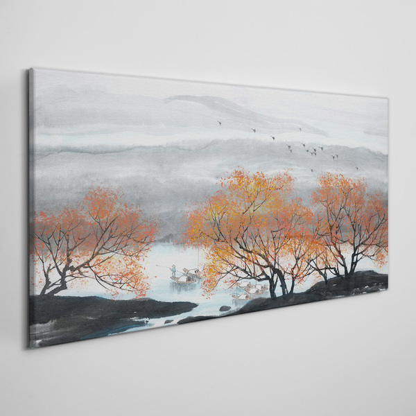 Tableau toile imprimée Brouillard d'automne sur le lac