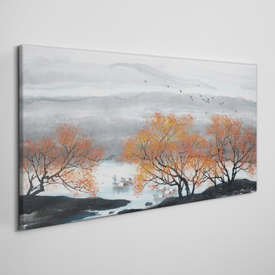 Tableau toile imprimée Brouillard d'automne sur le lac