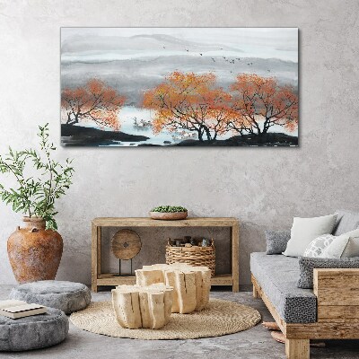 Tableau toile imprimée Brouillard d'automne sur le lac