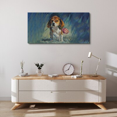 Tableau toile imprimée Un chien avec une rose contre le ciel