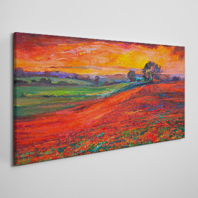 Tableau toile imprimée Coucher de soleil sur le champ rouge