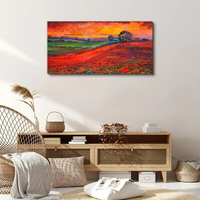Tableau toile imprimée Coucher de soleil sur le champ rouge