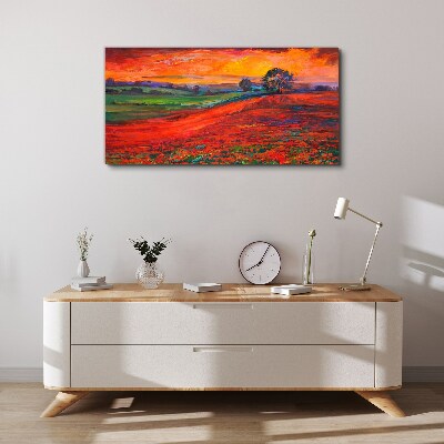 Tableau toile imprimée Coucher de soleil sur le champ rouge