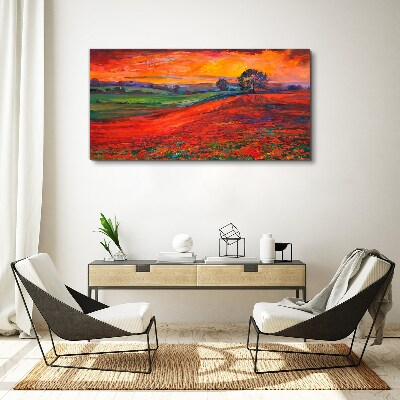Tableau toile imprimée Coucher de soleil sur le champ rouge