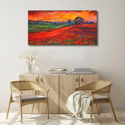Tableau toile imprimée Coucher de soleil sur le champ rouge