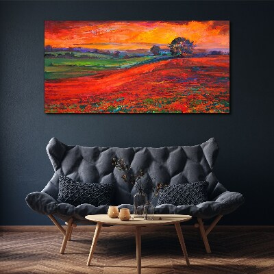 Tableau toile imprimée Coucher de soleil sur le champ rouge
